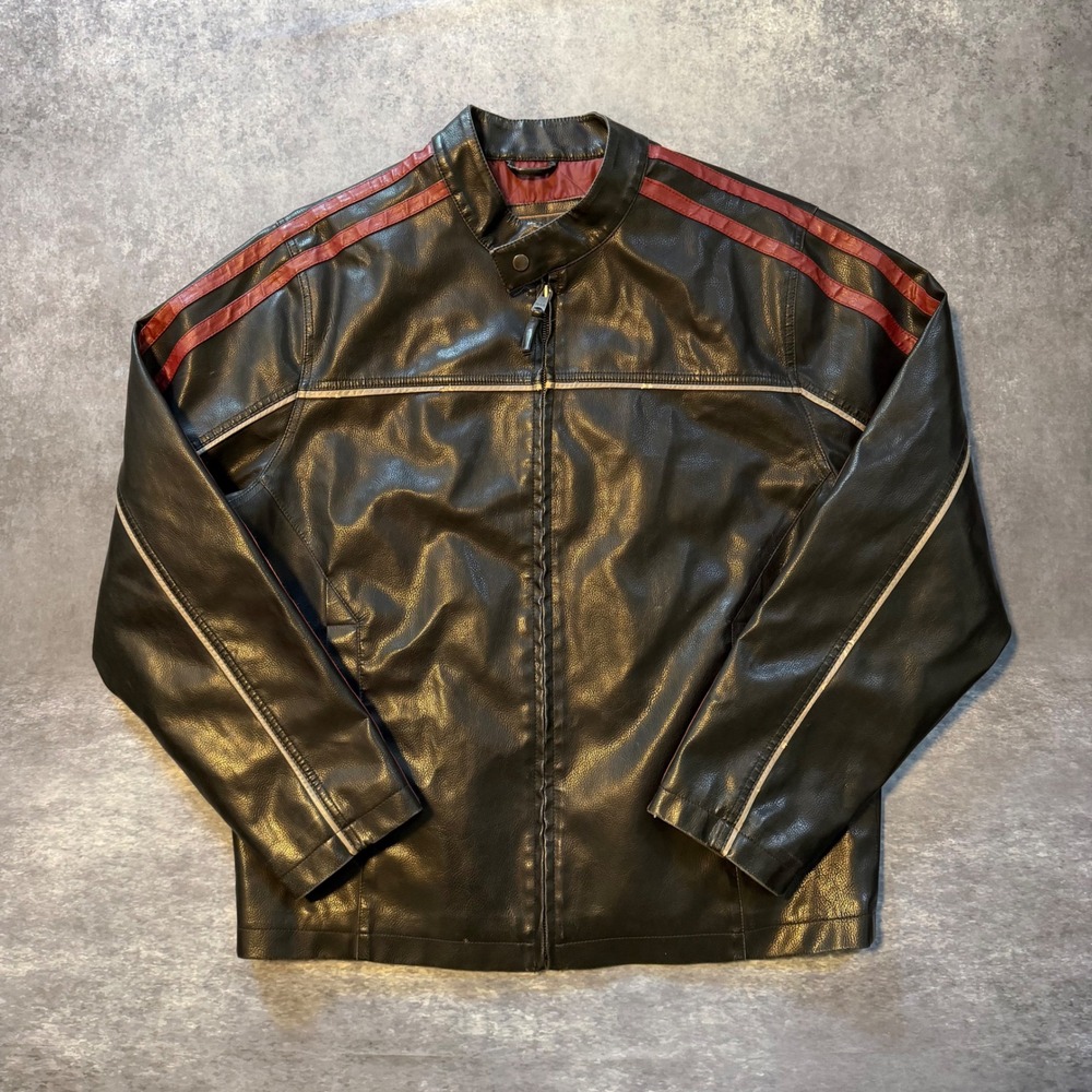 Vtg Arizona Jean Co Mens L Black Faux Leather Cafe Racer Moto Jacket Red Stripes